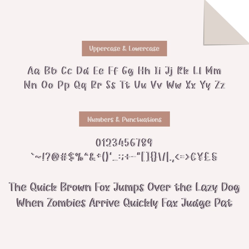 K&ouml;nnte beinhalten: Ein Schriftarten-Diagramm, das Gro&szlig;- und Kleinbuchstaben, Zahlen und Satzzeichen zeigt. Die Schriftart ist handgeschrieben mit braunem Umriss. Der Text "The Quick Brown Fox Jumps Over the Lazy Dog When Zombies Arrive Quickly Fax Judge Pat" wird unterhalb des Schriftarten-Diagramms angezeigt.