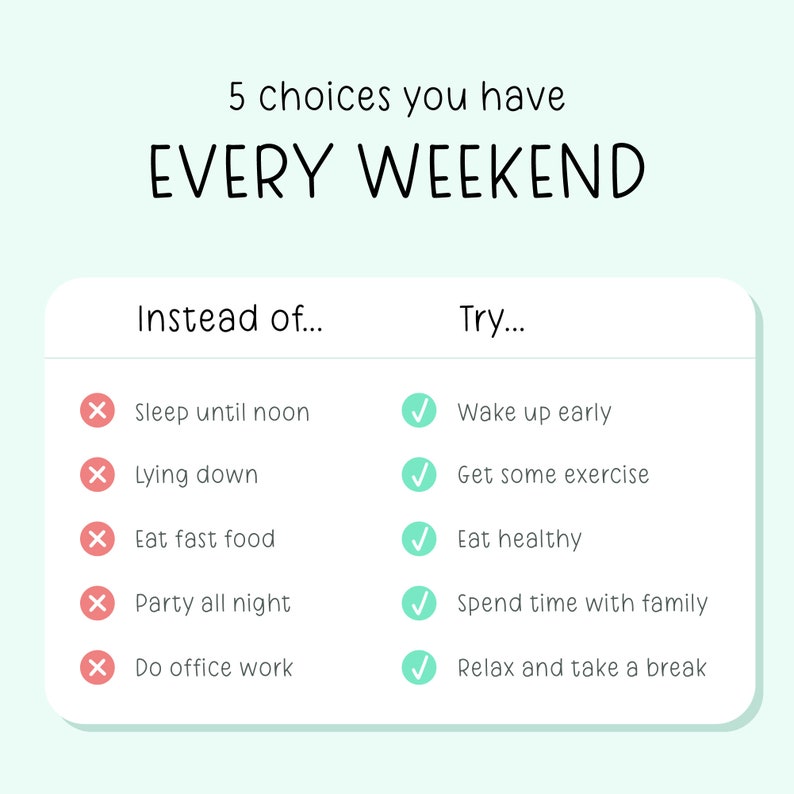Puede incluir: Gr&aacute;fico con el texto "5 opciones que tienes CADA FIN DE SEMANA". Enumera alternativas a las actividades habituales del fin de semana, como levantarse temprano en lugar de dormir. El fondo es verde claro.