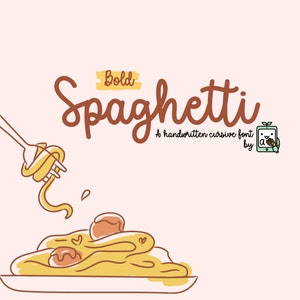 Op de afbeelding: Een handgeschreven cursief lettertype genaamd "Bold Spaghetti" met een geel en bruin kleurenschema. Het lettertype wordt weergegeven boven een cartoonillustratie van een bord spaghetti met gehaktballetjes.