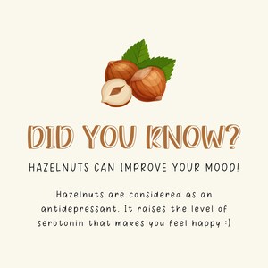 K&ouml;nnte beinhalten: Eine Grafik mit braunem Hintergrund und wei&szlig;em Text, der "DID YOU KNOW? HAZELNUTS CAN IMPROVE YOUR MOOD!" lautet. Die Grafik zeigt auch eine Cartoon-Illustration von Haseln&uuml;ssen mit gr&uuml;nen Bl&auml;ttern.