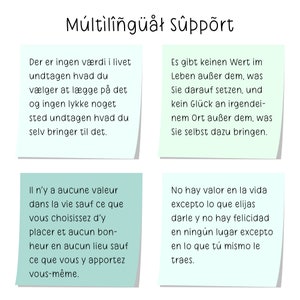 Puede incluir: Imagen con el texto "M&uacute;ltiling&uuml;&aring;ł s&ucirc;pp&otilde;rt" en la parte superior. Debajo, cuatro notas adhesivas con texto en dan&eacute;s, alem&aacute;n, franc&eacute;s y espa&ntilde;ol. La imagen promueve el soporte multiling&uuml;e.