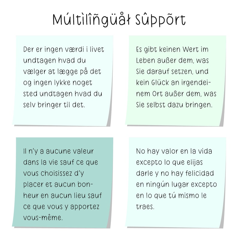 Puede incluir: Imagen con el texto "M&uacute;ltiling&uuml;&aring;ł s&ucirc;pp&otilde;rt" en la parte superior. Debajo, cuatro notas adhesivas con texto en dan&eacute;s, alem&aacute;n, franc&eacute;s y espa&ntilde;ol. La imagen promueve el soporte multiling&uuml;e.