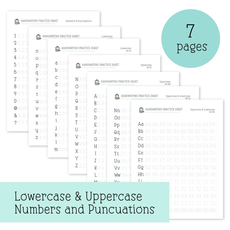 May include: Seven printable handwriting practice sheets for lowercase and uppercase letters, numbers, and punctuation marks. Each sheet has a title and is labeled with the letter or number range.