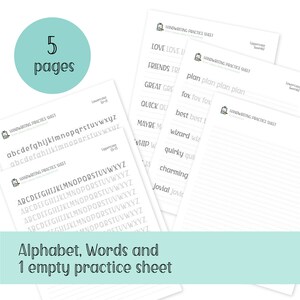 May include: Five printable handwriting practice sheets featuring the alphabet, words, and one blank sheet. The sheets are white with gray lines.
