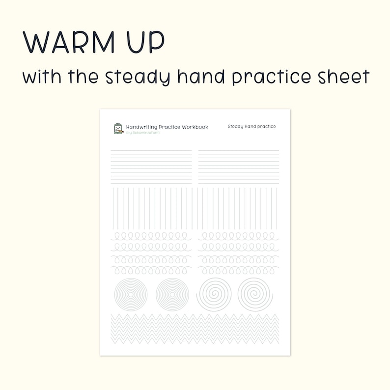 May include: A black and white printable worksheet with the title "Warm Up with the Steady Hand Practice Sheet". The worksheet includes lines, circles, spirals, and zigzags for practicing handwriting.
