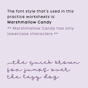 Peut inclure: Un exemple de texte &eacute;crit dans la police "Marshmallow Candy". Le texte dit "the quick brown fox jumps over the lazy dog". La police est uniquement en minuscules.