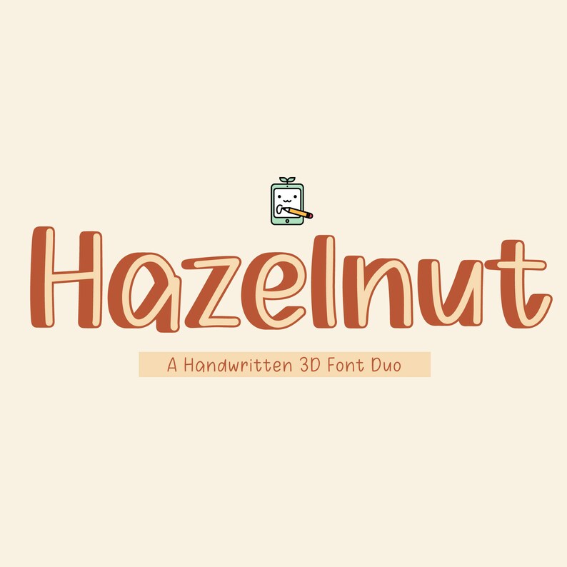 K&ouml;nnte beinhalten: Hazelnut, ein handgeschriebenes 3D-Schriftduo, wird in einem braunen und cremefarbenen Farbschema angezeigt. Die Schriftart wird in einem verspielten, skurrilen Stil gezeigt. Eine kleine Illustration eines Tablets mit einem Bleistift befindet sich &uuml;ber dem Text.