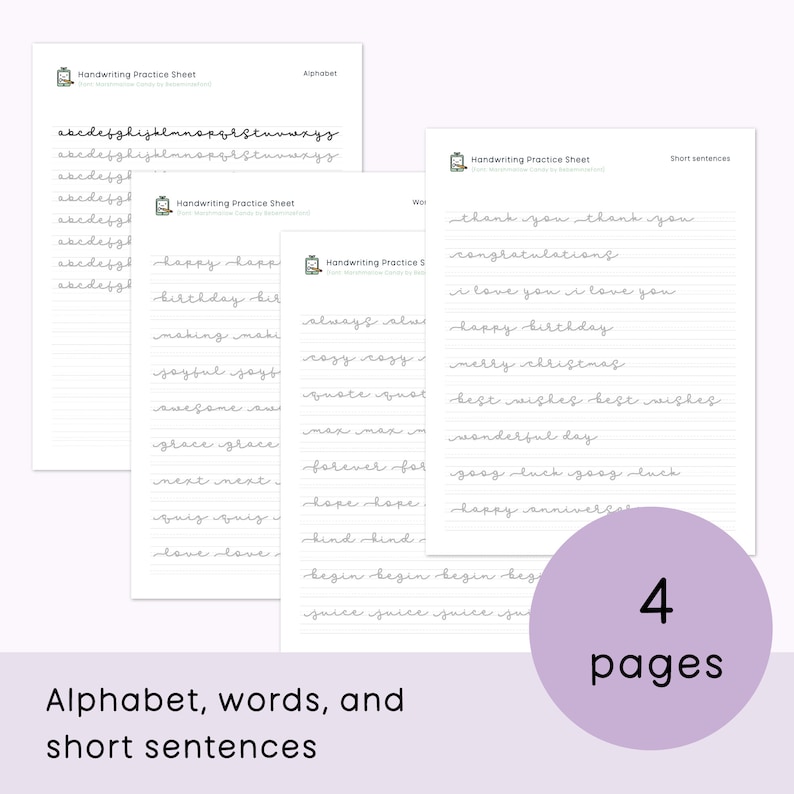 Peut inclure: Quatre feuilles de pratique d'&eacute;criture imprimables avec du papier lign&eacute;. Les feuilles comprennent un alphabet, des mots et de courtes phrases. Les feuilles sont con&ccedil;ues pour aider &agrave; am&eacute;liorer les comp&eacute;tences en &eacute;criture.