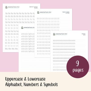 K&ouml;nnte beinhalten: Neun druckbare &Uuml;bungsbl&auml;tter f&uuml;r Schreibschrift f&uuml;r Gro&szlig;- und Kleinbuchstaben, Zahlen und Symbole. Jedes Blatt enth&auml;lt einen anderen Satz von Zeichen mit linierten Feldern zum &Uuml;ben.