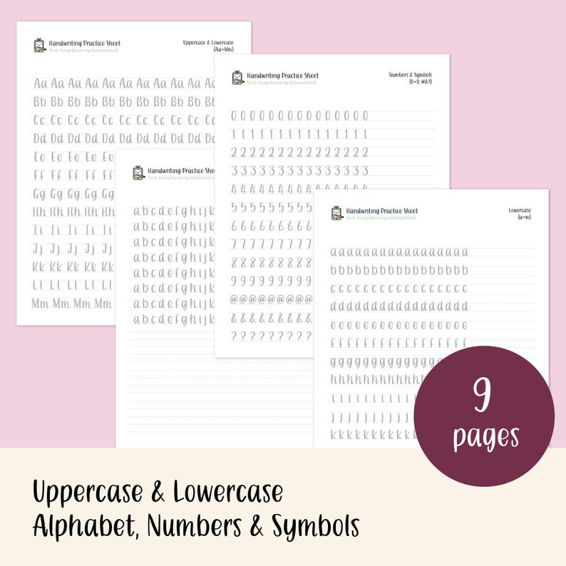 K&ouml;nnte beinhalten: Neun druckbare &Uuml;bungsbl&auml;tter f&uuml;r Schreibschrift f&uuml;r Gro&szlig;- und Kleinbuchstaben, Zahlen und Symbole. Jedes Blatt enth&auml;lt einen anderen Satz von Zeichen mit linierten Feldern zum &Uuml;ben.