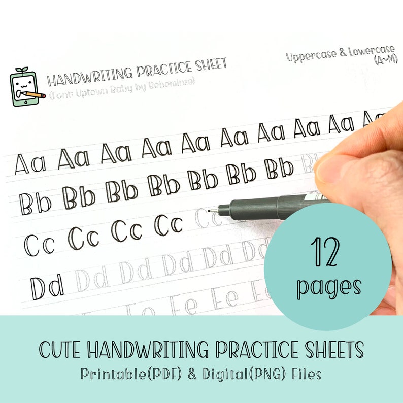 May include: A printable handwriting practice sheet featuring the letters A, B, C, and D in uppercase and lowercase. The sheet is designed with a cute font and includes 12 pages. The text "HANDWRITING PRACTICE SHEET" and "Font: Uptown Baby by Debeminze" is at the top of the sheet. The text "Uppercase & Lowercase (A~M)" is at the top right corner of the sheet. The text "12 pages" is in a circle at the bottom right corner of the sheet. The text "CUTE HANDWRITING PRACTICE SHEETS Printable(PDF) & Digital(PNG) Files" is at the bottom of the sheet.