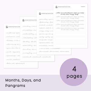 Peut inclure: Quatre feuilles de pratique d'&eacute;criture imprimables avec du papier lign&eacute;. Les feuilles comprennent une liste des mois, des jours de la semaine et une phrase pangramme : "The quick brown fox jumps over the lazy dog."