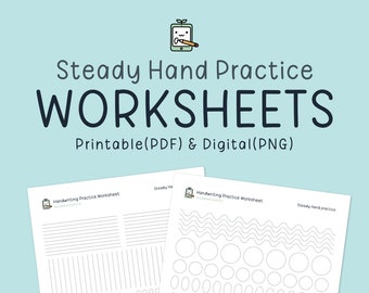 May include: Two printable worksheets for steady hand practice. The first worksheet has lines and spirals to trace. The second worksheet has wavy lines, circles, and ovals to trace. The worksheets are titled "Handwriting Practice Worksheet".