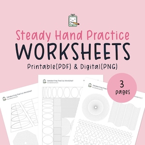 Könnte beinhalten: Drei schwarz-weiße druckbare Arbeitsblätter für die Übung der ruhigen Hand. Die Arbeitsblätter zeigen verschiedene Formen, Linien und Muster zum Nachzeichnen.