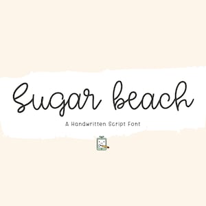 May include: A handwritten script font called "Sugar Beach". The font is displayed in a white rectangle with a light beige background. A small icon of a tablet with a pencil is below the font name.