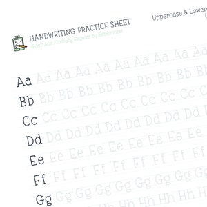 May include: A handwriting practice sheet with the alphabet in uppercase and lowercase letters. The letters are printed in black on a white background with gray lines.