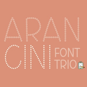 May include: A graphic design font trio called "Aran Cin" with a white dotted outline. The font is displayed in a light brown background.
