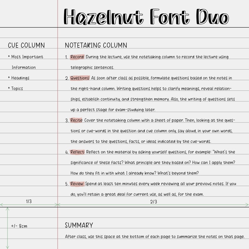K&ouml;nnte beinhalten: Ein Schwarzwei&szlig;bild eines Studienleitfadens mit zwei Spalten mit den Bezeichnungen "Cue Column" und "Notetaking Column". Die Spalte Cue Column listet "Most Important", "Information", "Headings" und "Topics" auf. Die Spalte Notetaking Column listet f&uuml;nf Schritte zum Notieren auf: "Record", "Questions", "Recite", "Reflect" und "Review".