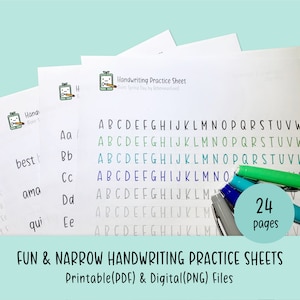 Fun and Narrow Handwriting Practice Sheets, Printable Handwriting Worksheets, Alphabet Writing Practice, ABC Letter Tracing