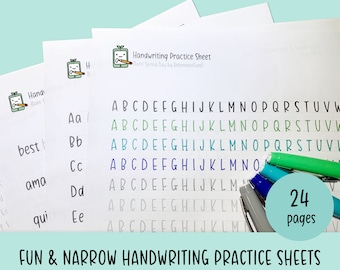 Hojas de práctica de escritura a mano divertidas y estrechas, hojas de trabajo de escritura a mano imprimibles, práctica de escritura del alfabeto, trazado de letras del abecedario