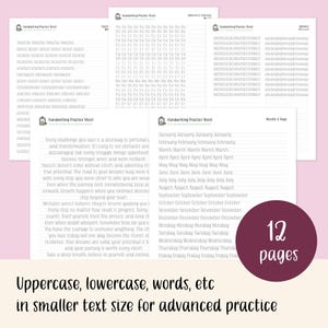 K&ouml;nnte beinhalten: Ein Satz von 12 druckbaren Schreib&uuml;bungsbl&auml;ttern mit rosa Hintergrund. Die Bl&auml;tter zeigen verschiedene W&ouml;rter, S&auml;tze und Monate des Jahres in Schreibschrift. Der Text "12 Seiten" wird in einem gro&szlig;en Kreis angezeigt.