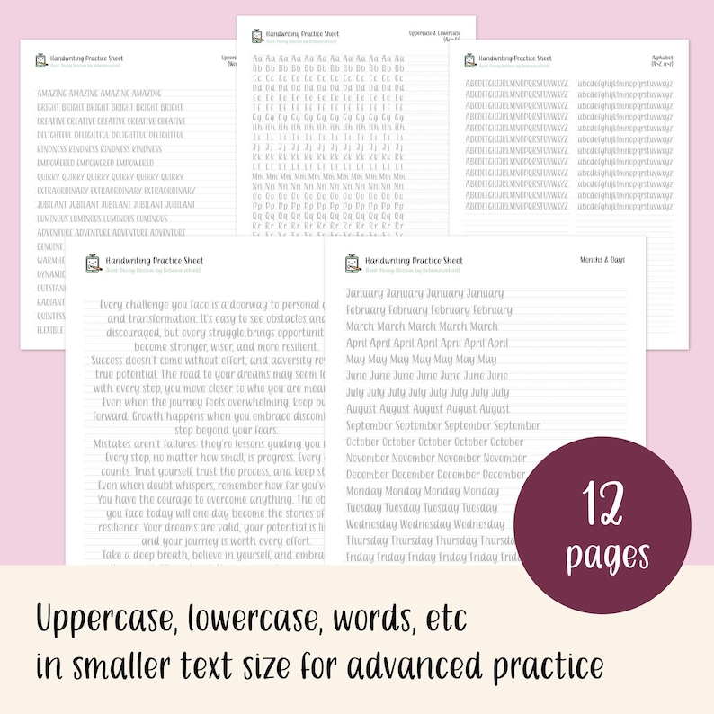 K&ouml;nnte beinhalten: Ein Satz von 12 druckbaren Schreib&uuml;bungsbl&auml;ttern mit rosa Hintergrund. Die Bl&auml;tter zeigen verschiedene W&ouml;rter, S&auml;tze und Monate des Jahres in Schreibschrift. Der Text "12 Seiten" wird in einem gro&szlig;en Kreis angezeigt.