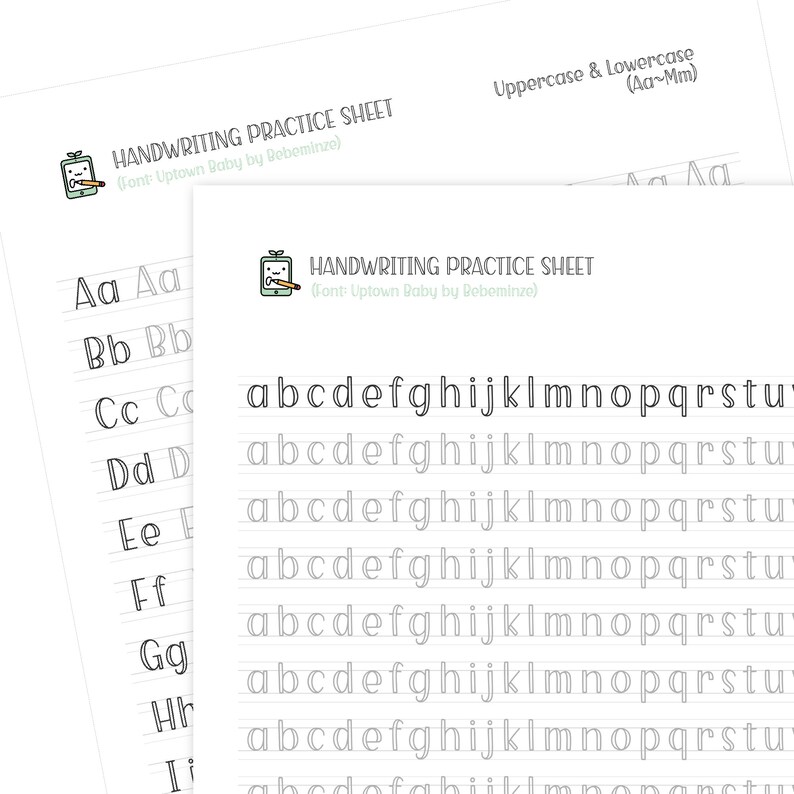 May include: Handwriting practice sheet with the alphabet in uppercase and lowercase letters. The sheet features the font "Uptown Baby" by Bebeminze.