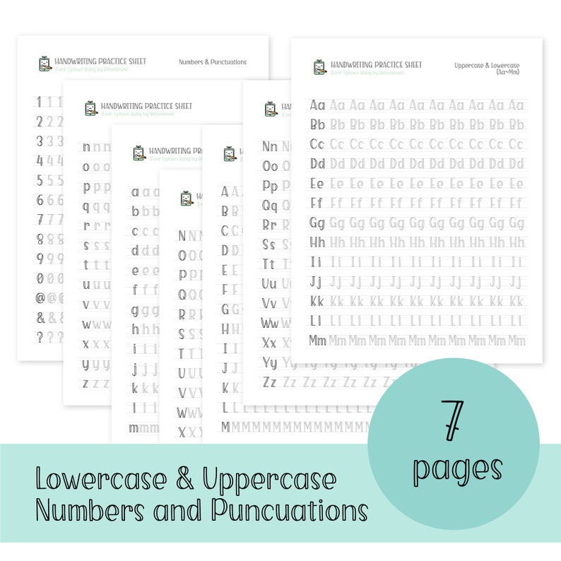 May include: Seven printable handwriting practice sheets for lowercase and uppercase letters, numbers, and punctuation marks. Each sheet features a different letter or number repeated multiple times in a cursive style.
