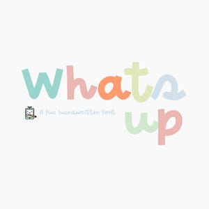 Op de afbeelding: Een leuk handgeschreven lettertype genaamd "Whats up" in kleurrijke letters. Het lettertype is ontworpen voor gebruik in digitale en gedrukte projecten.