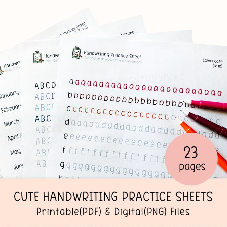 Pu&ograve; includere: Un set di 23 fogli di pratica di scrittura stampabili per le lettere minuscole da a a m. I fogli presentano un design carino e colorato con un carattere di scrittura a mano. I fogli sono perfetti per i bambini della scuola materna e dell'asilo che stanno imparando a scrivere.