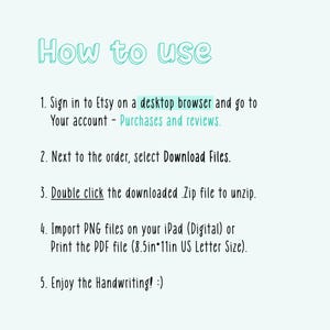 Pode incluir: Um fundo branco com texto preto que explica como baixar e usar arquivos digitais e imprim&iacute;veis comprados no Etsy. O texto inclui instru&ccedil;&otilde;es para fazer login no Etsy em um navegador de desktop, baixar arquivos, descompactar os arquivos e importar arquivos PNG ou imprimir o arquivo PDF. O texto tamb&eacute;m inclui a frase "Aproveite a caligrafia!"