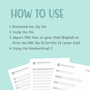 May include: A set of printable handwriting practice sheets for kids. The sheets feature lowercase letters, common words, and instructions on how to use the sheets. The sheets are designed to be printed on 8.5 by 11 inch paper.