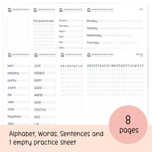 Pu&ograve; includere: Un quaderno di esercizi di scrittura stampabile di 8 pagine. Il quaderno include fogli di esercizi per scrivere l'alfabeto, parole, frasi e giorni della settimana. C'&egrave; anche un foglio di esercizi vuoto.
