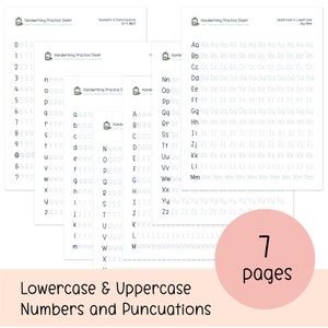 Pu&ograve; includere: Sette fogli di pratica di scrittura stampabili per lettere minuscole e maiuscole, numeri e segni di punteggiatura. Ogni foglio presenta una lettera, un numero o un segno di punteggiatura diverso con pi&ugrave; righe per la pratica.