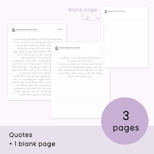 Peut inclure: Trois pages de papier lign&eacute; pour la pratique de l'&eacute;criture avec une page blanche. Les pages sont blanches avec des lignes grises et le texte "Handwriting Practice Sheet" est en haut de chaque page. Le texte "Quotes" est en haut d'une page et le texte "When one door closes, another opens; but we often look so long and so regretfully upon the closed door, that we do not see the one which has opened for us." est sur la deuxi&egrave;me page.
