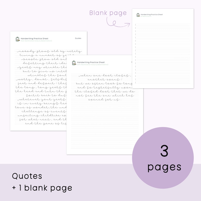 Peut inclure: Trois pages de papier lign&eacute; pour la pratique de l'&eacute;criture avec une page blanche. Les pages sont blanches avec des lignes grises et le texte "Handwriting Practice Sheet" est en haut de chaque page. Le texte "Quotes" est en haut d'une page et le texte "When one door closes, another opens; but we often look so long and so regretfully upon the closed door, that we do not see the one which has opened for us." est sur la deuxi&egrave;me page.