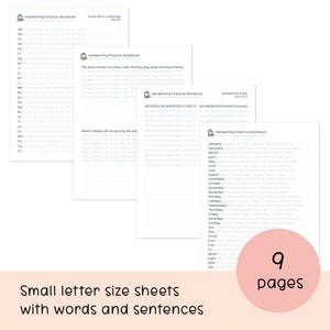 May include: A set of nine printable handwriting practice worksheets for kids. The worksheets feature uppercase and lowercase letters, sentences, and words like "The quick brown fox jumps over the lazy dog." and "When zombies arrive quickly fox jud".