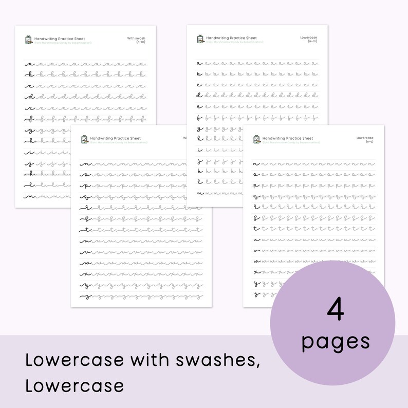 Peut inclure: Quatre feuilles de pratique d'&eacute;criture imprimables pour les lettres minuscules avec et sans fioritures. Chaque feuille pr&eacute;sente une lettre diff&eacute;rente de l'alphabet r&eacute;p&eacute;t&eacute;e sur toute la page.
