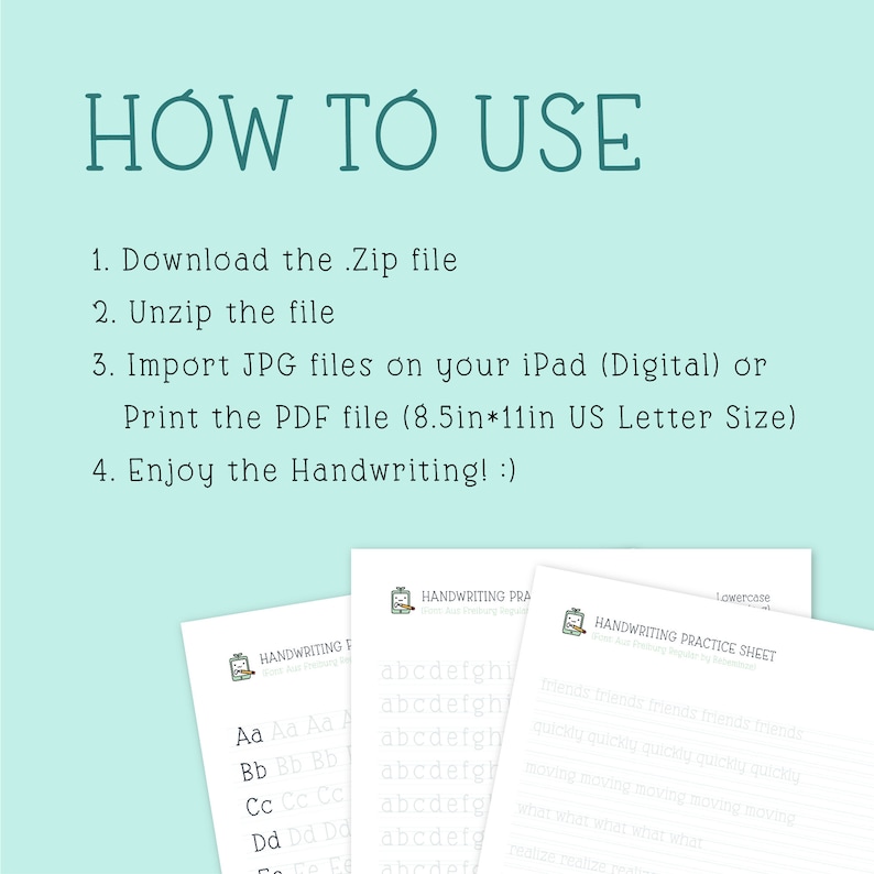May include: A printable handwriting practice sheet with instructions on how to use the file. The sheet features lowercase letters and a line for practicing writing each letter. The sheet also includes a section for practicing writing the words "friends", "quickly", "moving", and "what".