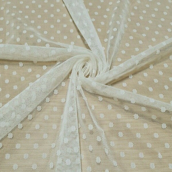Tulle Net Lace Stretch Fabric Cream Colour Spotted  - Sold By The Metre