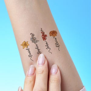 Tatuaggio adesivo personalizzato con fiore di nascita – Regalo tatuaggio temporaneo personalizzato per la mamma, regalo per la nonna, regalo di famiglia, tatuaggio con nome unico