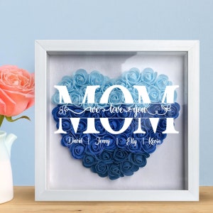Flower Heart Shadow Box for Mom,Roses Shadowbox with custom Names, Custom Frame Gift for Mother's Day,Gift for Mom and Grandma Nana