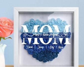 Boîte d'ombre en forme de coeur de fleurs pour maman, boîte d'ombres de roses avec noms personnalisés, cadeau cadre personnalisé pour la fête des mères, cadeau pour maman et grand-mère, grand-mère