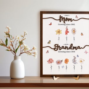 First Mom Now Grandma Gift, Mom Gift, Mom Birthday Gift, Nana Gift Personalized Flower Birth Month Garden Wooden Sign Frame, Mother Day Gift