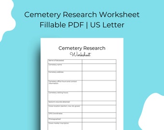 Feuille de travail de recherche sur le cimetière | Imprimables de généalogie | À remplir | Téléchargement numérique