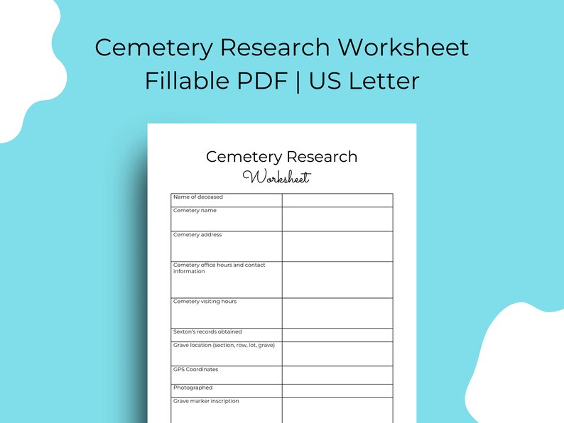Cemetery Worksheet Cemetery Research Worksheet | Genealogy Printables | Fillable | Digital ...