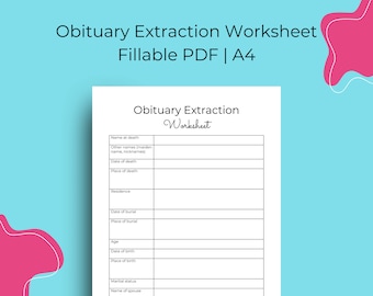 Obituary Research Worksheet  | Genealogy Printables | Fillable | Digital Download | A4