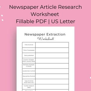 Newspaper Article Research Worksheet  | Genealogy Printables | Fillable | Digital Download