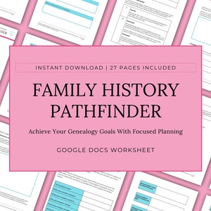 Pode incluir: Um gráfico rosa e branco com o texto "INSTANT DOWNLOAD | 27 PAGES INCLUDED" e "FAMILY HISTORY PATHFINDER" em um tipo de letra maior. O texto "Achieve Your Genealogy Goals With Focused Planning" está abaixo do título. O texto "GOOGLE DOCS WORKSHEET" está na parte inferior do gráfico.