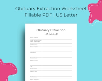Obituary Research Template | Genealogy Forms | Ancestry Tracker | Worksheets | Instant download